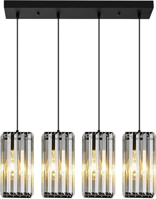 Modern Pendant Light Black Rectangle Pendant Lighting Mini Crystal Chandeliers Adjustable Pendant Light Fixture for Kitchen Island Dinning Room Living Room Corridor Bedroom(Black 4-Light)