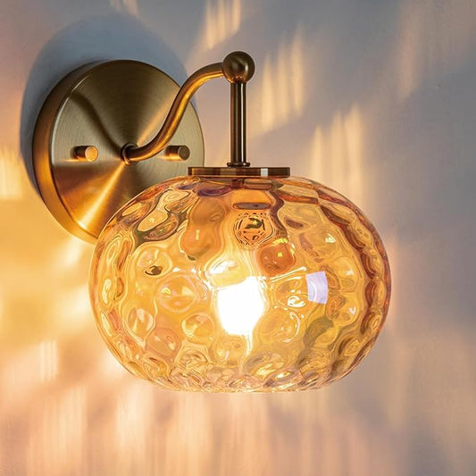 Gold Wall Sconce Light Amber Hammered Glass Vanity Lighting Brushed Brass Champagne Wall Lamp for Bathroom Over Mirror