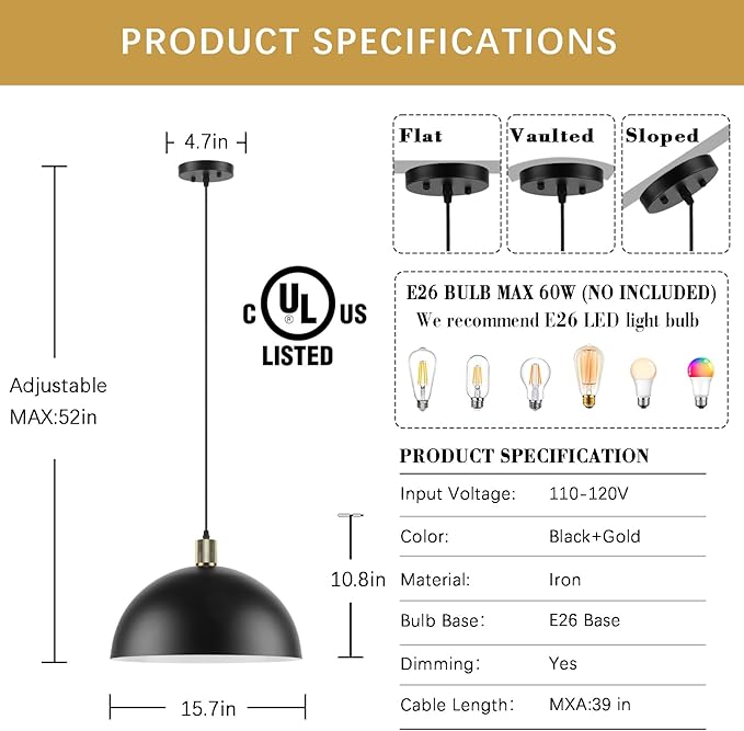Black Pendant Light Fixtures 2 Pack, 15.7 Inch Large Dome Pendant Lighting Farmhouse Vintage Chandelier for Kitchen Island Dining Room