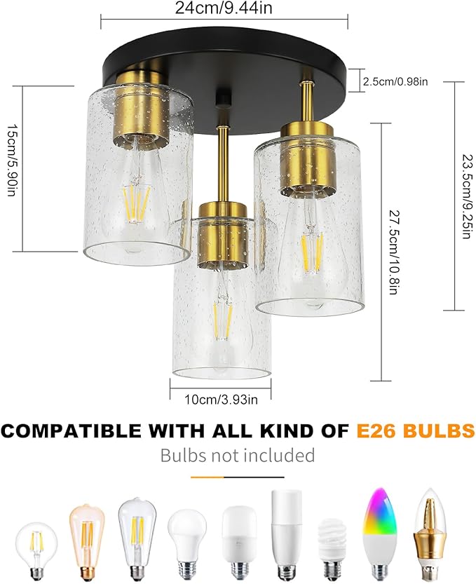 Black Flush Mount Ceiling Light Farmhouse Semi Flush Mount Ceiling Light Fixture with Seeded Glass Shades, 3-Light Black Gold Ceiling Light for Kitchen Hallway Foyer