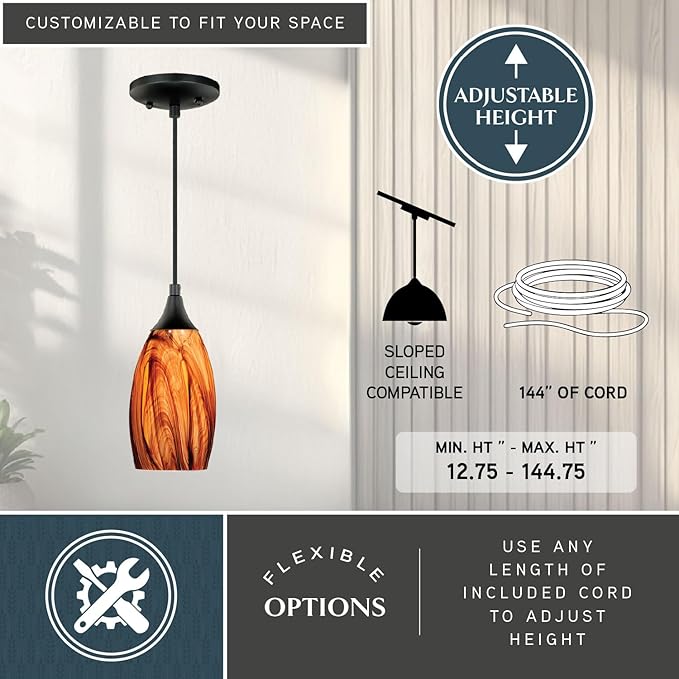 VAXCEL Milano Mini Pendant for Kitchen Island, Oil Rubbed Bronze, Smoky Fire Glass, Dimmable Ceiling Mounted Lighting, Adjustable Height