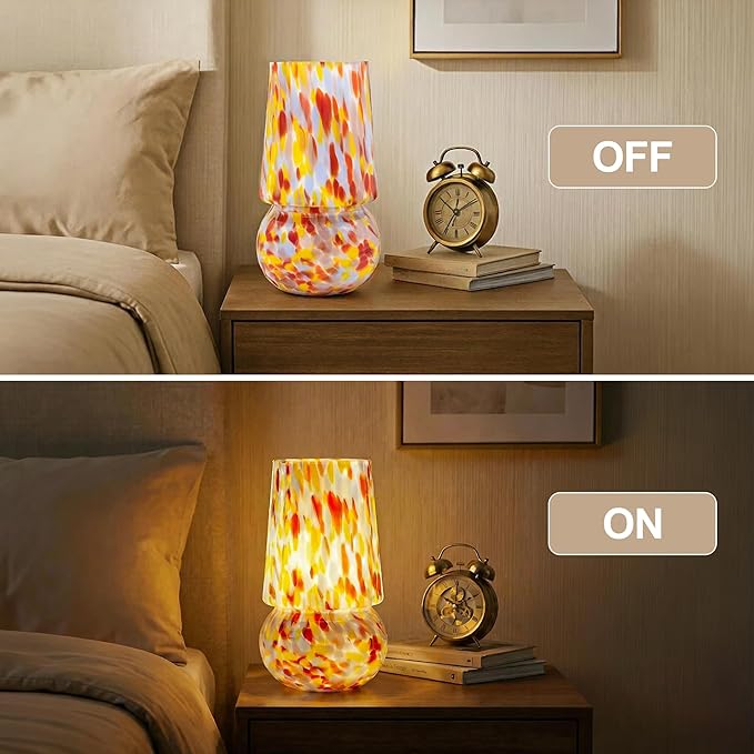 9.8 Inch Mushroom Table Lamp, UL Listed Dimmable Small Desk Bedside Lamp with Woven Beige Cord, Handcrafted Pattern, Murano Home Decor for Bedroom, Living Room, Pastel Confetti, No Bulb Included