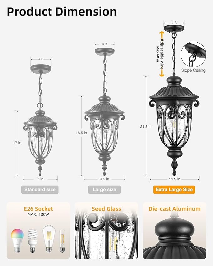 VIANIS Extra Large Outdoor Pendant Lights for Porch, 21.3 in Hanging Light, Waterproof Black Hanging Porch Light, Anti-Rust Outdoor Pendant Light for House, Doorway, Vintage Style