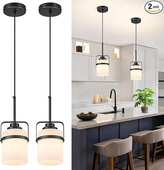 Modern Black Pendant Lights Kitchen Island Light, Adjustable Hanging Light Fixture with Milk Glass Shade, Farmhouse Pendant Light for Dining Room Bar Over Sink/Table/Counter, 2 Pack