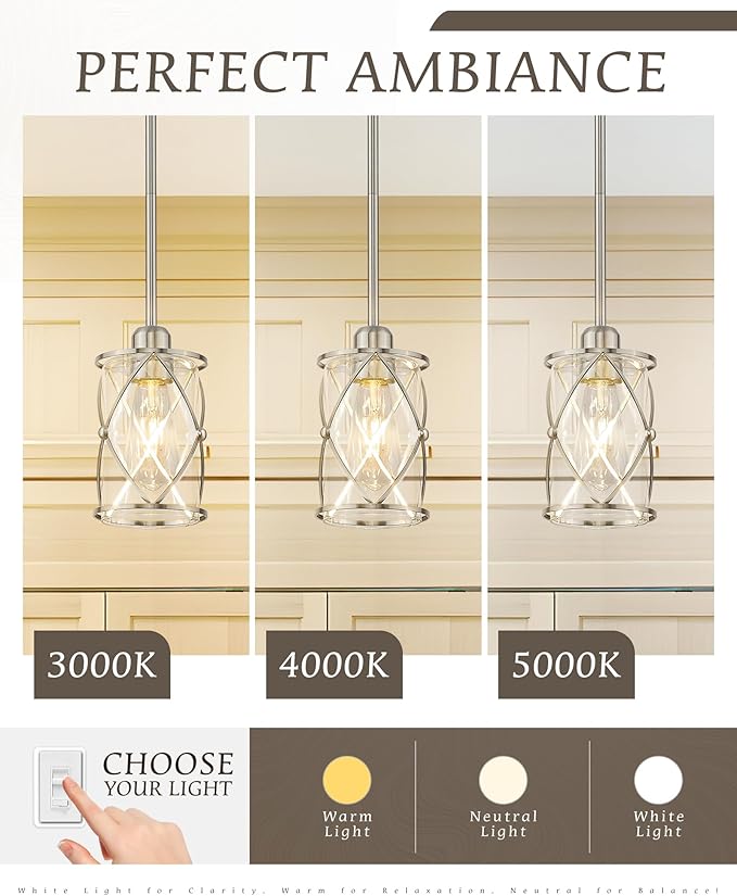 Brushed Nickel Pendant Lights Kitchen Island 3 Pack, Glass Kitchen Pendant Lighting Over Island with Rod, Modern Mini Hanging Light for Kitchen Sink Dining Room, CH9176BN-3PK