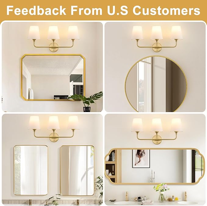 Bathroom Light Fixtures, 3-Light Brushed Gold Vanity Lights, 24.5" Bathroom Lighting Fixtures Over Mirror with Flared White Fabric Shade, Modern Wall Sconces for Bedroom Living Room Hallway