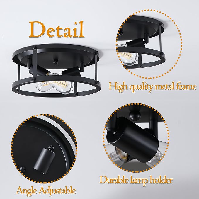 4 Pack Black Farmhouse Flush Mount Ceiling Lights,2-Light Rustic Hallway Lighting Fixtures,Industrial Light Fixtures Ceiling Mount for Kitchen Hall Entry Bedroom Closet