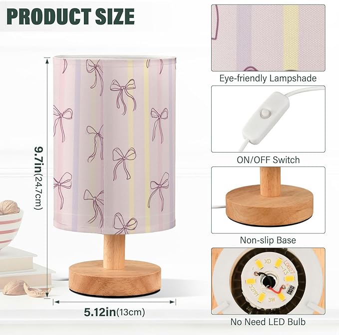 Aslsiy Coquette Pink Bows Bedside Table Lamp Pink Beige Stripes Nightstand Lamp Night Light Fabric Shade for Bedroom Living Room Home Office