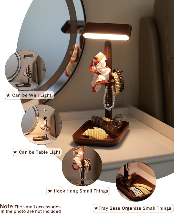 Wooden Table Lamp, Tree Trunk Rechargeable LED Bedside Lamp with Jewelry Tray, 360° Rotating Cordless Lamp for Nightstand or Entryway (Black Walnut)