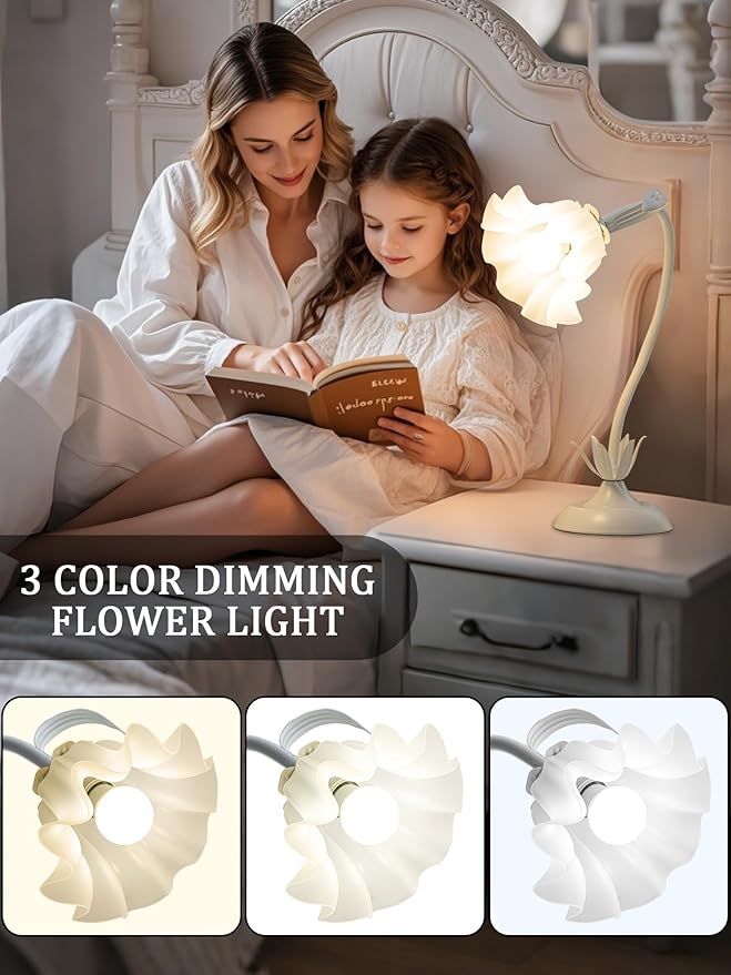 AQDZCNF Flower Table Lamp,LED Reading Light Bedside Vintage Flower Night Light,3 Colors Modes Kawaii Bedside Lamps Decor,Living Room Bedroom Room Lighting Table Lamps Home Decoration (White)