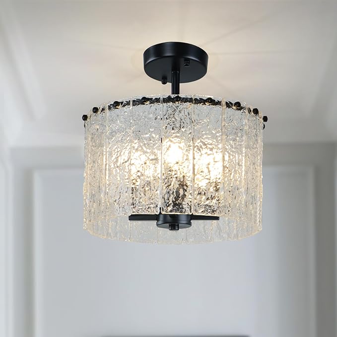 4-Light Black Water Ripple Glass Ceiling Light, 12.5”Modern Crystal Chandelier Dining Room, Semi Flush Mount Luxury Light Fixture for Bedroom, Bathroom, Kitchen, Foyer, Entryway