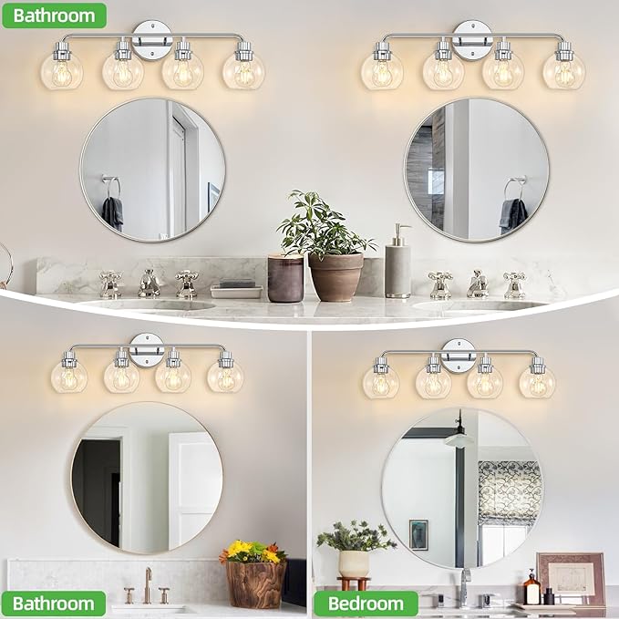 Bathroom Light Fixtures Chrome Vanity Light 27 Inch Silver 4 Light Modern Wall Sconces Lighting Bathroom Lights with Globe Glass Shades Bath Wall Lights for Mirror Kitchen Living Room Hallway