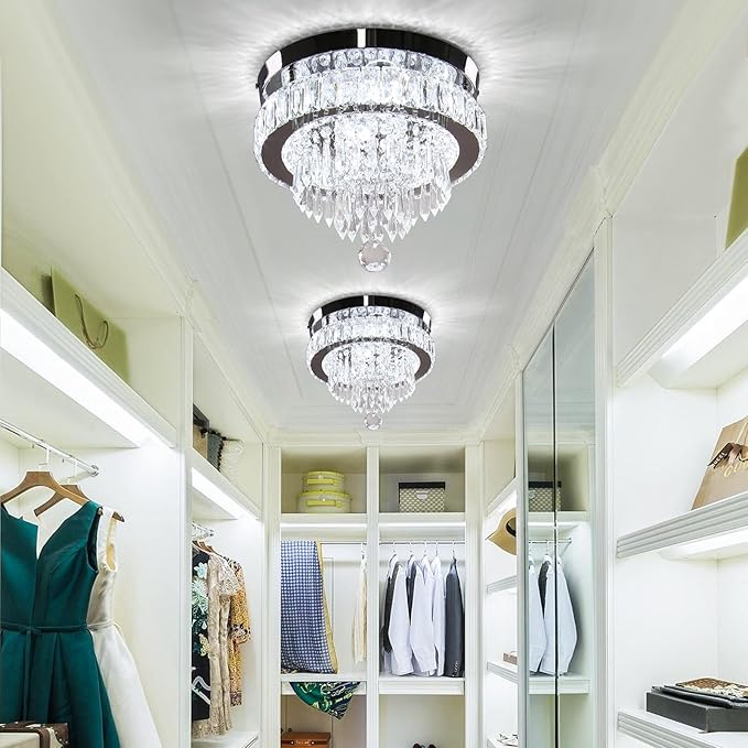 Chandelier 11.8" Modern Crystal Chandeliers Crystal Light Fixtures Flush Mount Chandelier Ceiling Light Chandeliers for Bedrooms Living Room Dining Room Hallway (Cool White)
