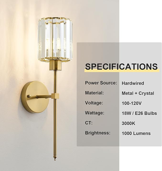 KARTOOSH Hardwired Crystal Wall Sconces Set of Two - Dimmable Wall Light Fixtures 3000K, Warm White, for Hallway, Bathroom, Living Room, Bedroom, Brass, 20.1 Inch
