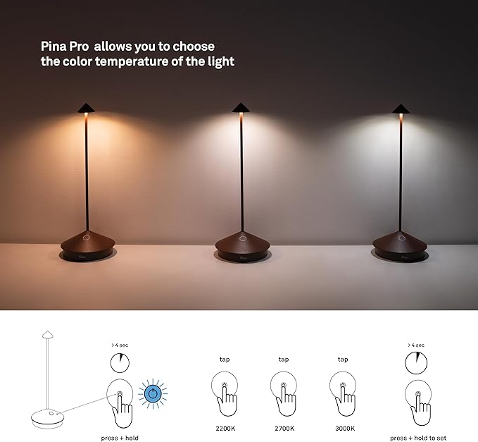 Zafferano, Pina Pro Lamp, Rechargeable Cordless Table Lamp with Touch Controls, Suitable for Indoor and Outdoor, Dimmer, 2200-3000 K, Height 11.4 Inches, Black Color