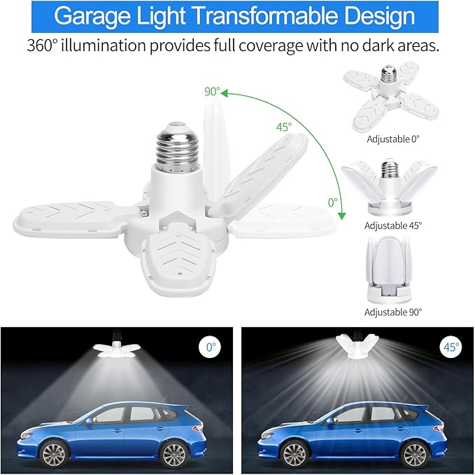 2Pack LED Garage Light Bulb,Mini 50W LED Garage Ceiling Lights 4 Adjustable Panels,5000Lumen Garage LED Light Bulb,E26 6500K Daylight LED Shop Lights for Garage,Kitchen,Indoor,Living Room,Attic Light