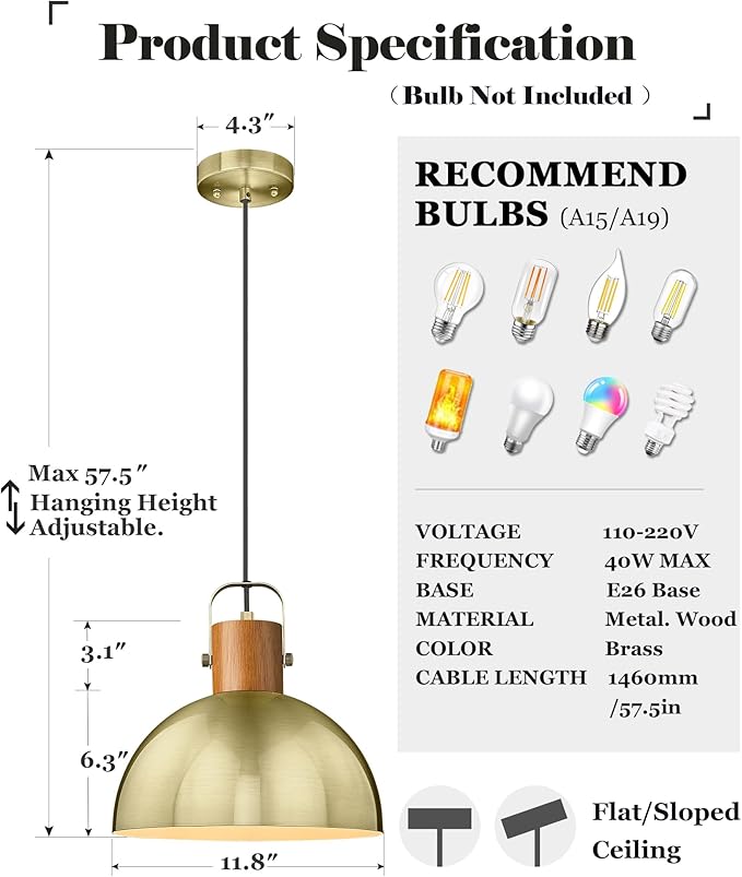 ELYONA Dome Pendant Light, 12" Rubber Wood Hanging Lamp with Vintage Gold Metal Shade, Mid Century Modern Pendant Light Fixtures for Kitchen Island Farmhouse Dining Living Room Hallway, Brushed Brass