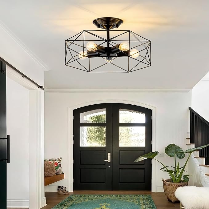 5-Light Farmhouse Semi Flush Mount Ceiling Light Fixture, Modern Black Ceiling Light, Industrial Close to Ceiling Light with Metal Hexagon Cage Ceiling Lamp for Kitchen, Hallway, Bathroom，closet