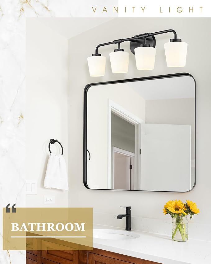 Bathroom Light Fixtures Over Mirror, 4-Light Matte Black Vanity Lighting Fixtures with Milk White Glass, Vintage Farmhouse Wall Sconces Lighting, AD-22004-4W-BK
