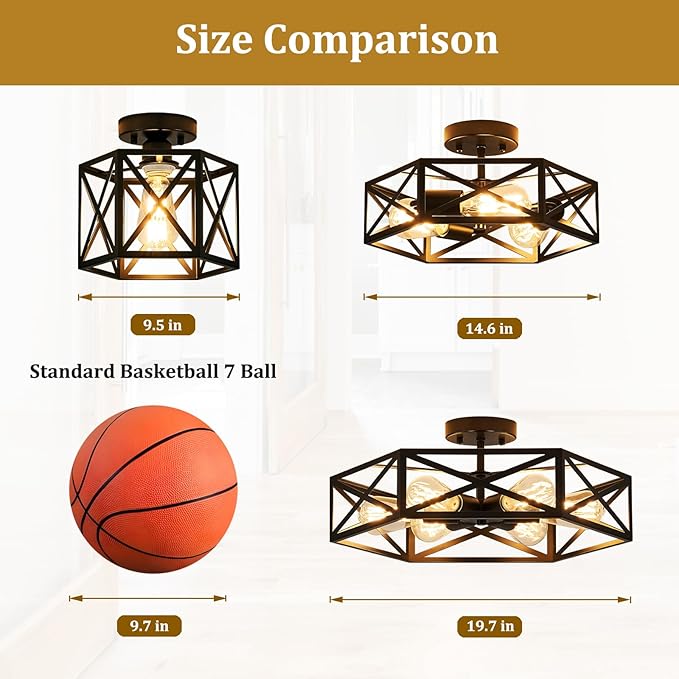 Modern Farmhouse Black Ceiling Light,Industrial Semi Flush Mount Ceiling Lighting Fixture,Hexagonal Lighting Fixtures for Kitchen,Bedroom,Foyer,Dining Room,Hallway,3-Light,14.6 Inch