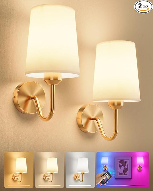 Ouyulong Battery Operated Wall Sconces Set of 2, Wireless Rechargeable Dimmable Wall Light with RGB Bulb and Remote for Bedroom, Living Room, Hallway (Gold)