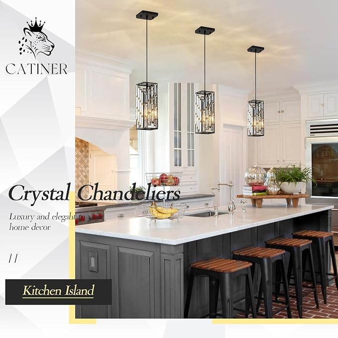 CATINER Black Crystal Pendant Lights 3 Pack, Mini Hanging Pendant Lighting Fixture with Adjustable Cord, Modern Kitchen Island Pendant Lights for Dining Room, Bedroom, Hallway, E26 Base