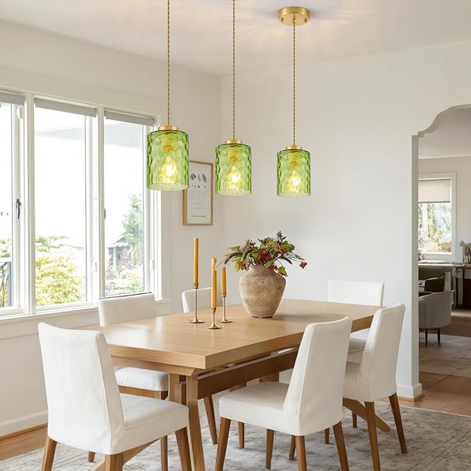 MWZ Gold Pendant Lights Kitchen Island 3 Pack, Modern Hanging Kitchen Pendant Lighting Over Sink with Green Hammered Glass Shade,Small Chandeliers Fixtures Adjustable Cord Hanging Lighting