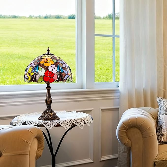 Tiffany Style Stained Glass Table Lamp, Floral Flower Desk Light with Antique Bronze Resin Base, Colorful Decorative Lighting for Bedroom, Living Room, Office 12X12X19 Inch (Flower Floral)