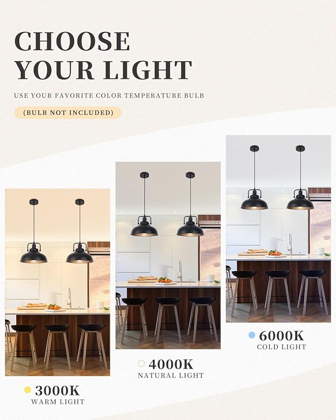 Black Farmhouse Pendant Light 2pack, 11.4in Vintage Kitchen Pendant Light Fixture, Adjustable Height, Modern Pendant Lighting, Metal Pendant Lights for Kitchen Island, Dining Room E26 Base