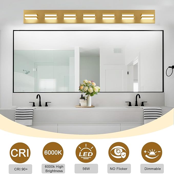 IZORRO LED Modern Bathroom Lights Fixtures(7-Light,Dimmable,360°Rotate),Brushed Glod Acrylic Wall Lighting,Vanity Lights for Bathroom Over Mirror - 6000k 40In （No Assembly Required）