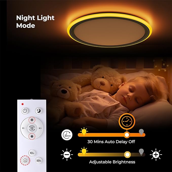 BLNAN 13in LED Flush Mount Ceiling Light Fixture with Remote Control, Dimmable Night Light 2000K, 3000K-6500K 24W Wired Low Profile Light for Bedroom, Kitchen, Living Room, Round Black