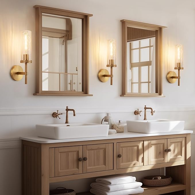 15" Knurled Brass Wall Sconces Set of 2, Gold Bathroom Vanity Light Fixtures with Crackle Glass Tube, Modern Lamp Lighting for Bedroom, Living Room, Hallway, Staircase, Mirror, Kitchen