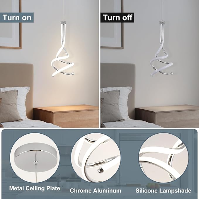 EIDISUNY Modern Pendant Light, Spiral LED Pendant Light Fixture, 4500K LED Hanging Lamp, Chrome Chandelier Lights Fixture, 20W Adjustable Pendant Light for Kitchen Island, Dining Room, Bedroom,1 Pack