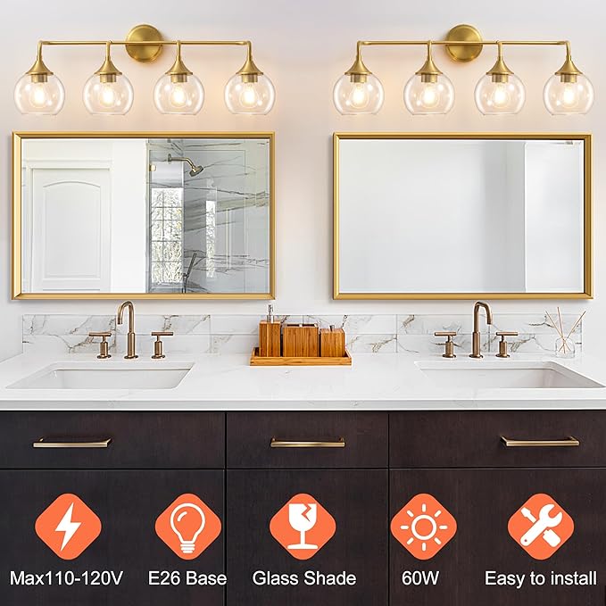 Bathroom Vanity Light Gold, 4 Light Bathroom Light Fixtures Over Mirror with Clear Glass Shade, 31 inch Vanity Lights for Bathroom Farmhouse (Exclude E26 Bulb)