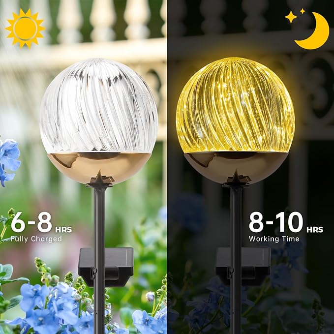 Solar Ball garden Stake Lights - Elegant Outdoor Acrylic Ball Garden Lights, Exquisite Solar garden Globe stake light,out door decor for Yard, Pathway, Patio , gifts for Mom (Black stake , 2 pack)