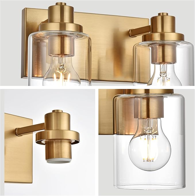 5 Light Bathroom Vanity Lights Brushed Brass Bathroom Lighting Fixtures Over Mirror with Clear Glass Shades, Modern Industrial Wall Sconces Vanity Lighting Fixture for Bedroom Living Room