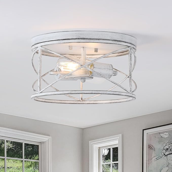 2-Light Flush Mount Ceiling Light Fixture, Industrial Modern White Ceiling Lamp, Vintage Farmhouse Light Fixture for Hallway, Bedroom, Dining Room, Living Room, Kitchen, Entryway