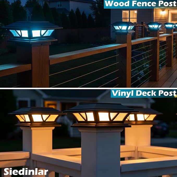 SIEDiNLAR Solar Post Lights Outdoor 2 Modes LED Deck Fence Cap Light for 4x4 5x5 6x6 Posts Patio Garden Decoration Warm White/Cool White Lighting Black (8 Pack)