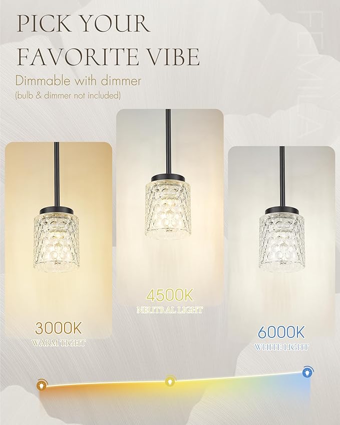 FEMILA 4.3" Pendant Lights Kitchen Island, Hammered Glass Hanging Light Fixture, Matte Black Finish, 4FY86MIL BK