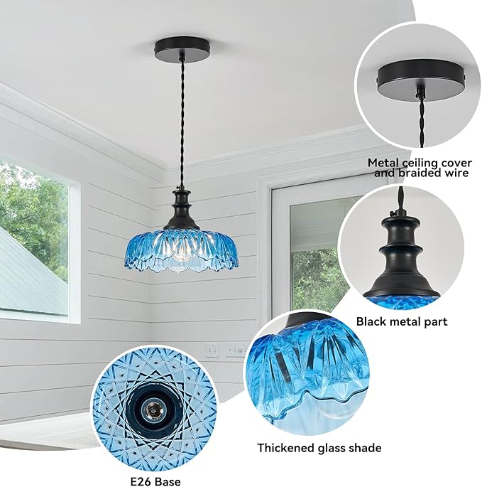 HDDFL Vintage Pendant Lights Fixture Modern Pendant Lighting Fixtures Hanging Lamp for Kitchen Island Bedroom Living Room Hallway Blue and Black