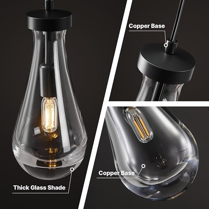 Raindrop Pendant Lights Kitchen Island: Modern 2 Black Teardrop Hanging Light for Bathroom - Crystal Pendants Light over Dining Table - Brass Raindrops lamps Fixture for Bedroom Hallway Bulbs Included