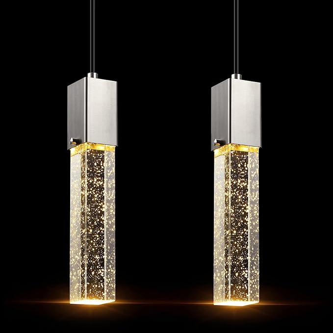 Mini Integrated Hanging Crystal Kitchen Island Modern Concise Pendant Ceiling Light Fixture,for Kitchen Island Dining Room Bedroom Hallway,UL Listed (Brushed Nickel, 2 Pack)