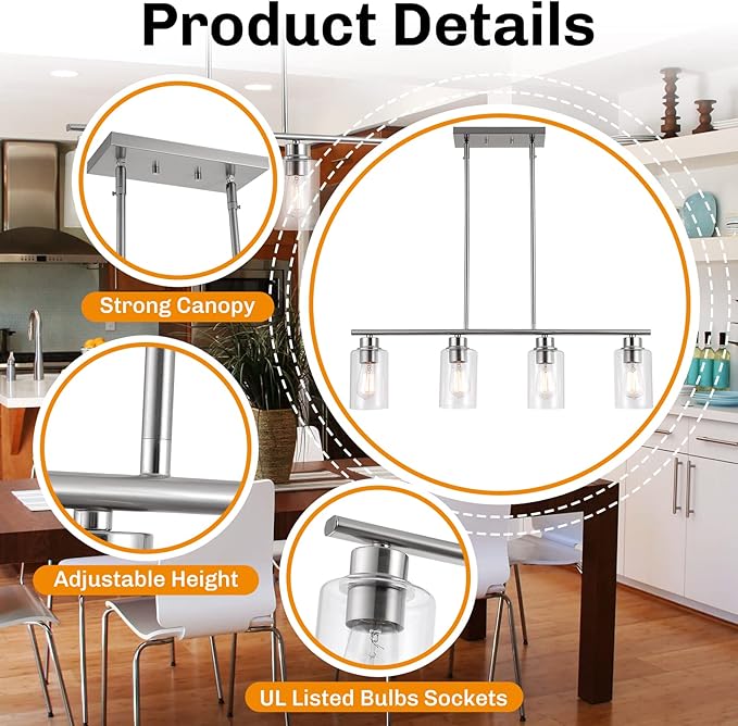 mavcadonf Kitchen Island Light, 4-Light Pendant Lighting, Farmhouse Dining Room Light Fixtures for Kitchen Island Dining Living Room, Brushed Nickel with Clear Glass Shade