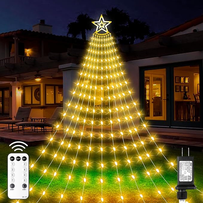 Christmas Decorations Star Lights Outdoor, 23ft 11 Strand 818 LED Waterfall Tree Lights with 8 Modes Timer Remote Plug in Christmas Lights for Indoor Yard Patio Home Holiday Party Decor, Warm White