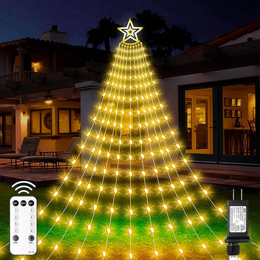 Christmas Decorations Star Lights Outdoor, 23ft 11 Strand 818 LED Waterfall Tree Lights with 8 Modes Timer Remote Plug in Christmas Lights for Indoor Yard Patio Home Holiday Party Decor, Warm White
