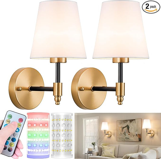 Nekhung Battery Operated Wall Sconces Set of 2, Wireless Wall Light with 10000mAh RGB Dimmable Magnetic Bulb, Rechargeable Wall Sconce with Remote Control for Bedroom Living Room