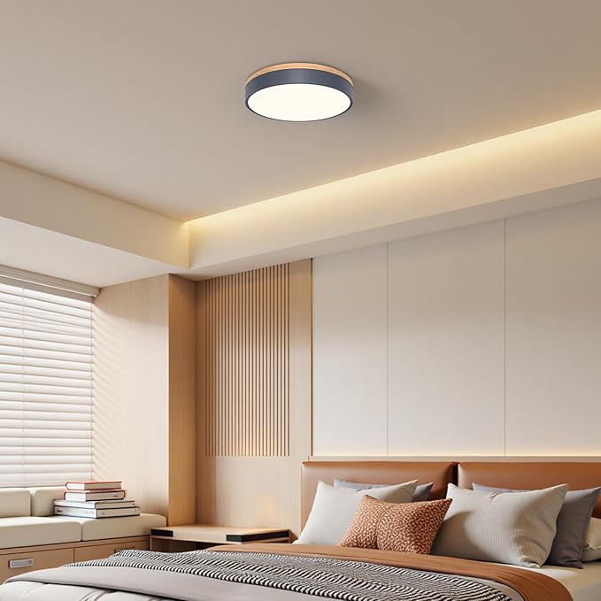 WOKNOS Dimmable Wood Oak Ceiling Light Fixture Modern Gray LED Flush Mount Ceiling Light 5CCT Minimalist Circle Close to Lighting Fixture for Bedroom Kitchen Bathroom Laundry Room 11.81 Inch