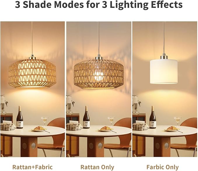 Plug in Pendant Light, Rattan Hanging Lights with Plug in Cord, Rattan Woven and Fabric 2 in 1 LampShade, Hanging Lamp Plug in for Bedroom Living Room Kitchen Island (Bulb Included)