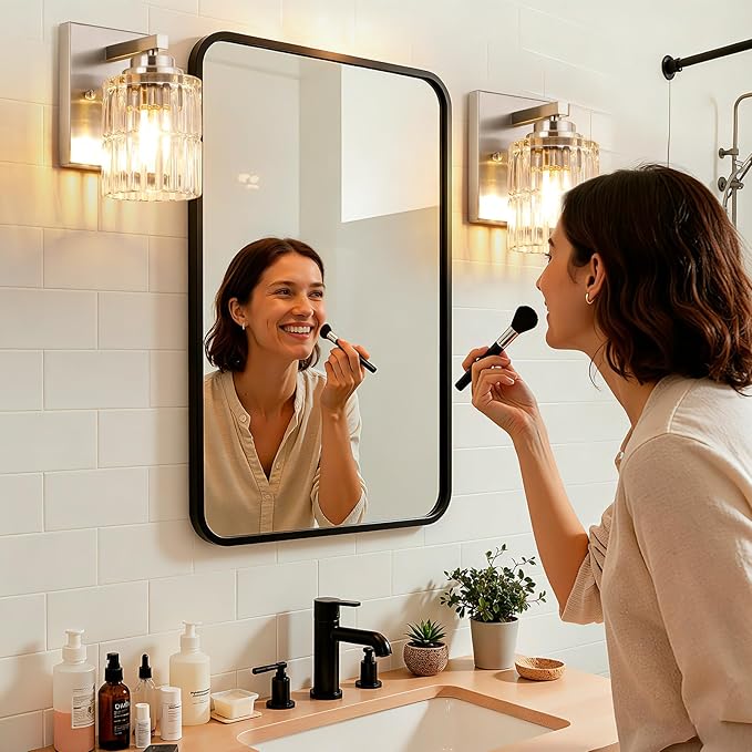 TALOYA 4 Inch Bathroom Light Fixtures,Modern,Set of 2 Light Brushed Nickel Vanity Lights with Wide Vertical Ribbed Thickened Glass Shade for Mirror Makeup Room Hallway（Bulbs Not Included）