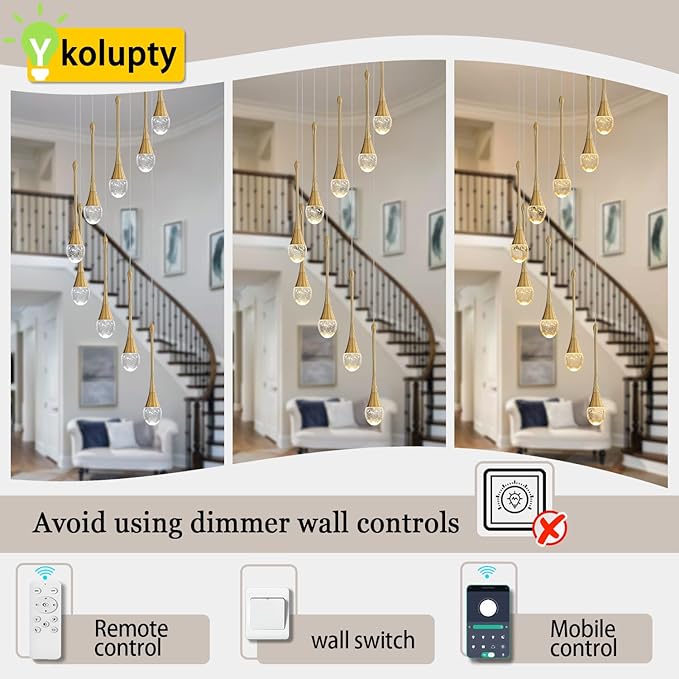 ykolupty H100'' Modern Chandelier 9-Lights Gold Foyer Entrance Chandeliers High Ceiling Chandelier LED Dimmable 2700-6000K Fixtures